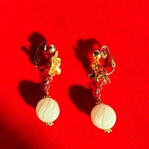 Vintage Gold Flower Clip-On Earrings with Cream Bead Drops